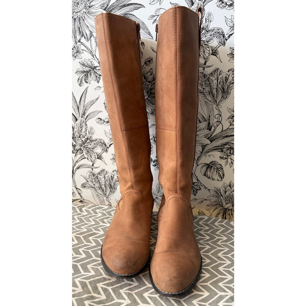 Very Votatile Mel Women's Brown Leather High Boots Size 7.5 Gold Trim - Picture 7 of 7